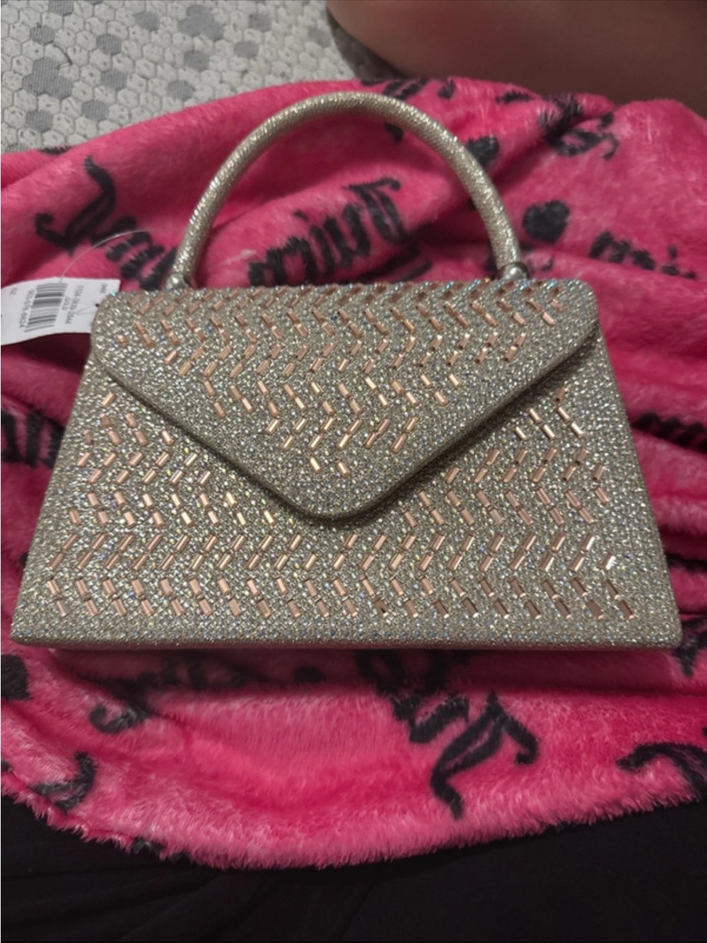 Glitter Crystal-Embellished Top-Handle Clutch - Silver and Rose Gold